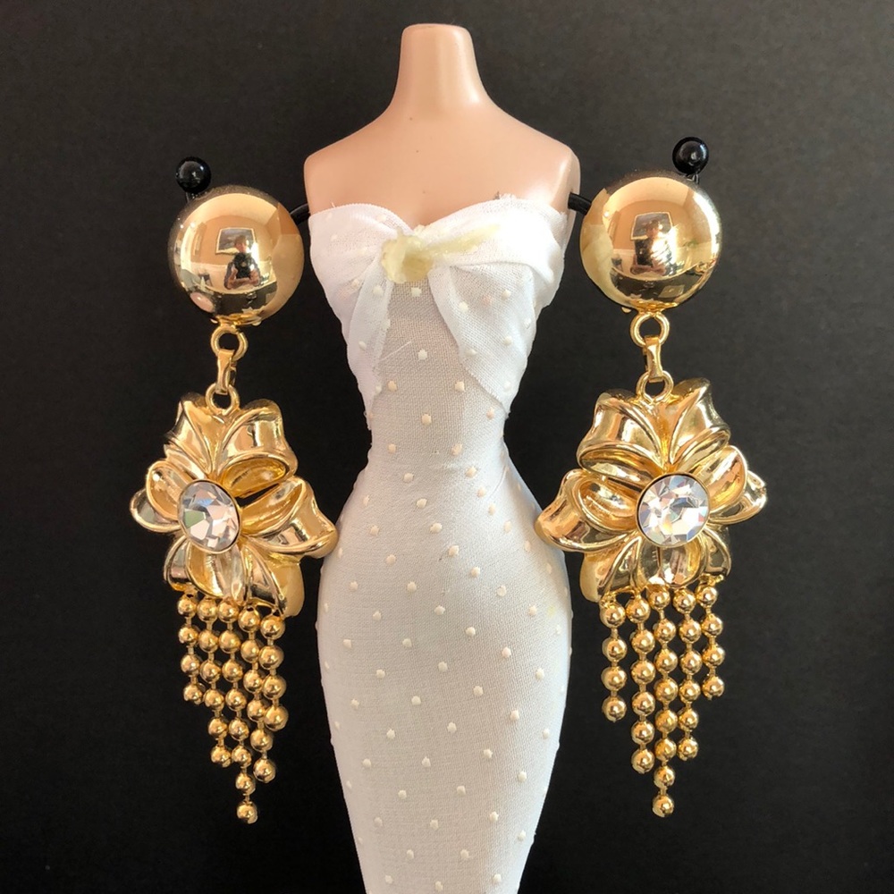 SOLD Vintage Statement 4"  Earrings Gorgeous Drop Dangle Crystal Gold Tone Clips